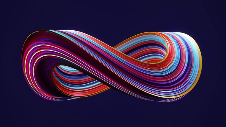 Digital generated image of multicoloured stripe patterned infinity sign against black background.