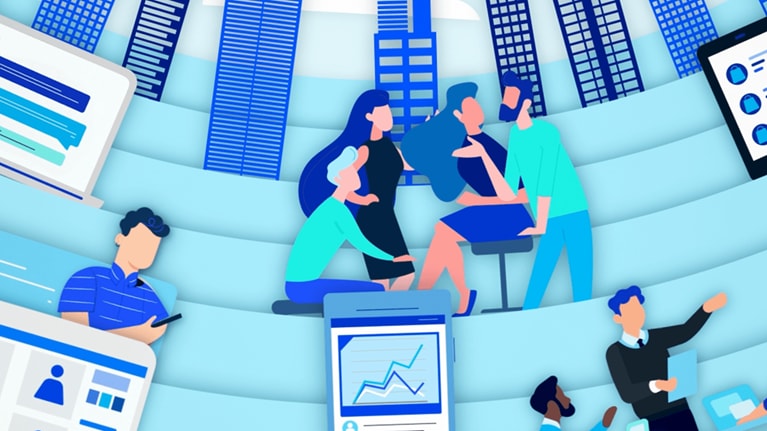 cityscape, person on tablet, people talking, work presentation - illustration