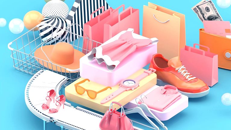 Consumer items such as shore, clothes, bags, items on conveyor belt, ready for e-commerce.