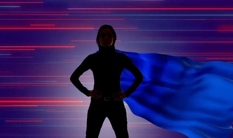 Silhouette of person wearing blue cape with glowing bars of light behind them