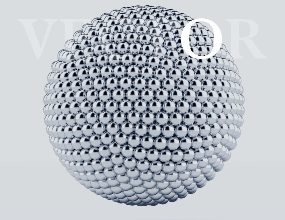 Ball of metal spheres with the O highlighted in VECTOR text overlay
