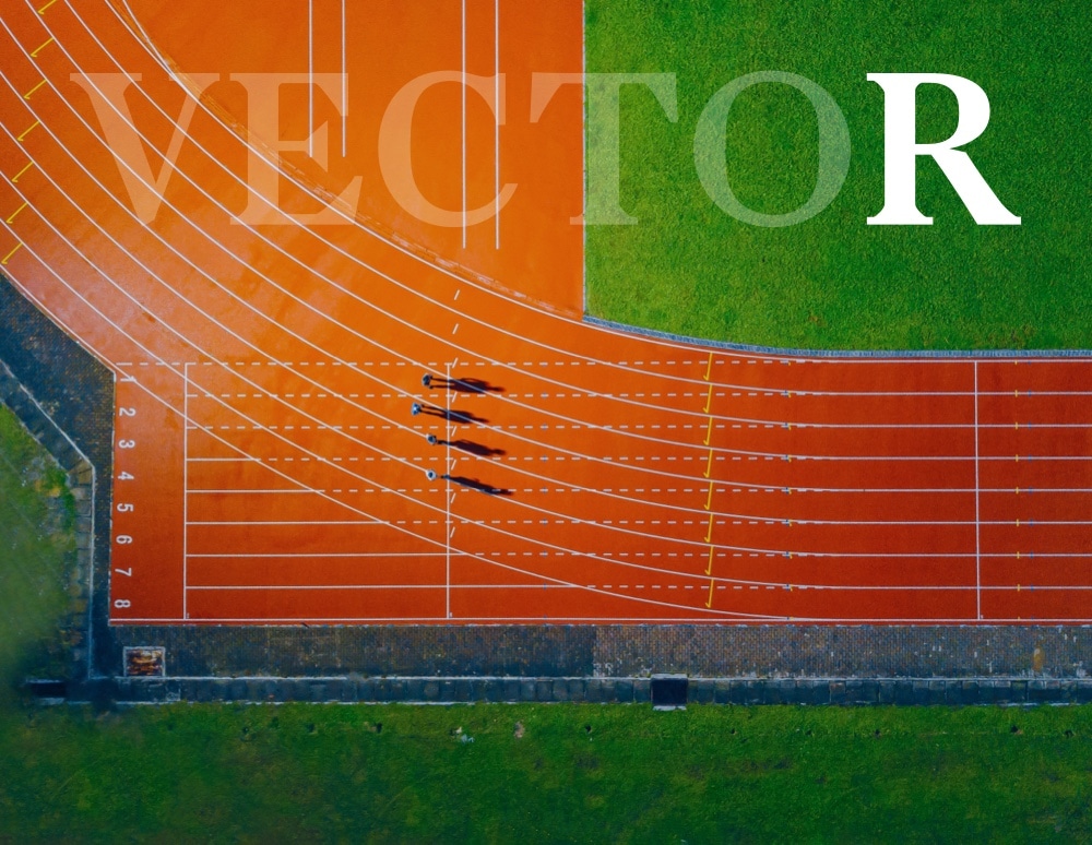 Aerial view of a track with R highlighted in VECTOR text overlay