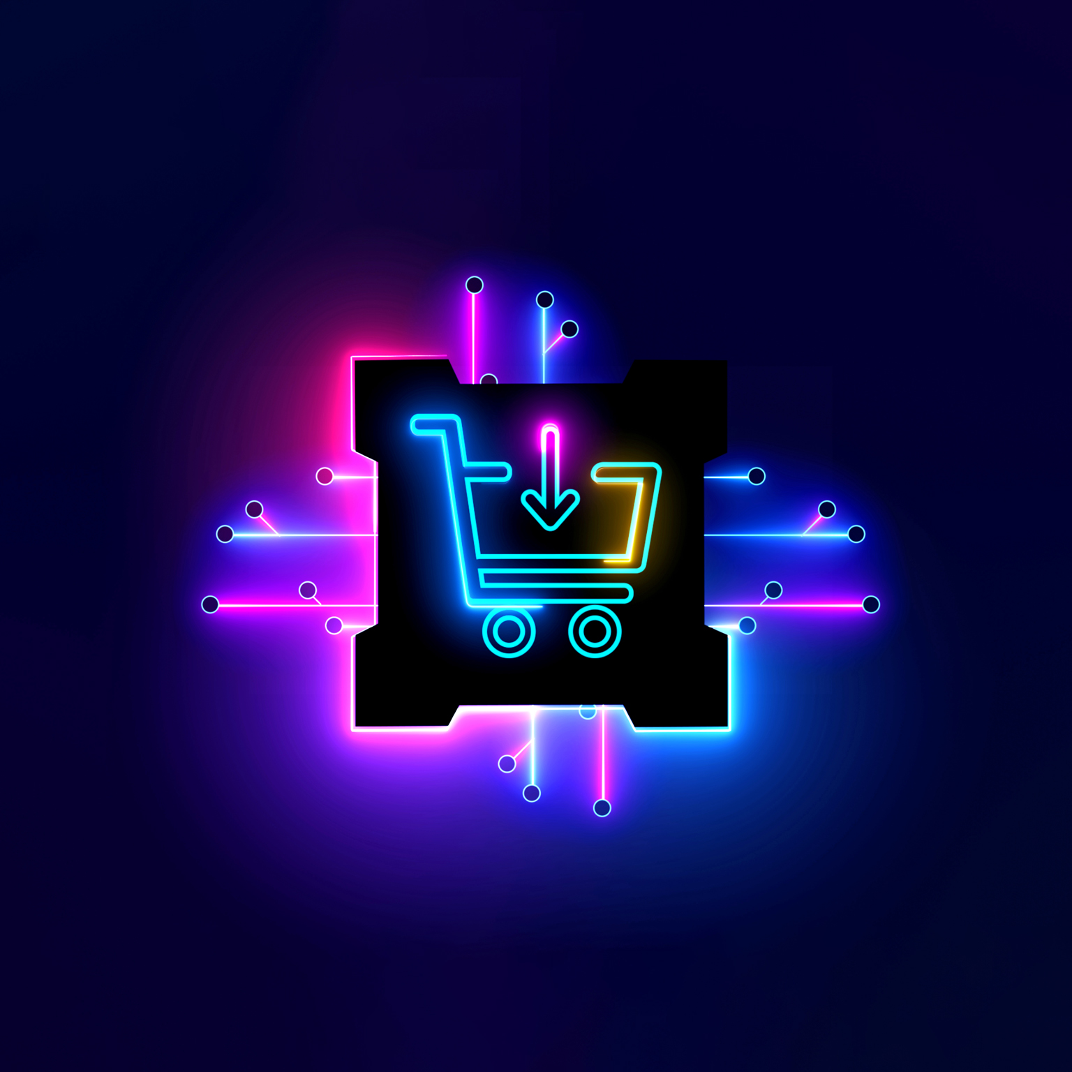 Neon illustration of a shopping cart with a downward arrow inside it, surrounded by glowing pink and blue circuit lines against a dark background.