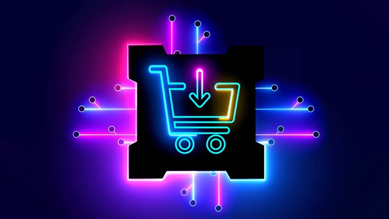 Neon illustration of a shopping cart with a downward arrow inside it, surrounded by glowing pink and blue circuit lines against a dark background.