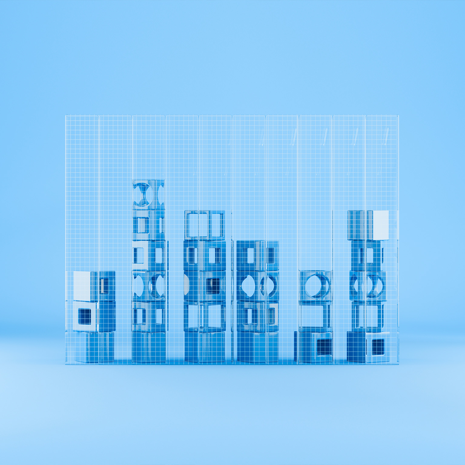 The image shows a 3D digital illustration of abstract blue architectural structures resembling a bar chart framed by a wireframe grid against a light blue background.