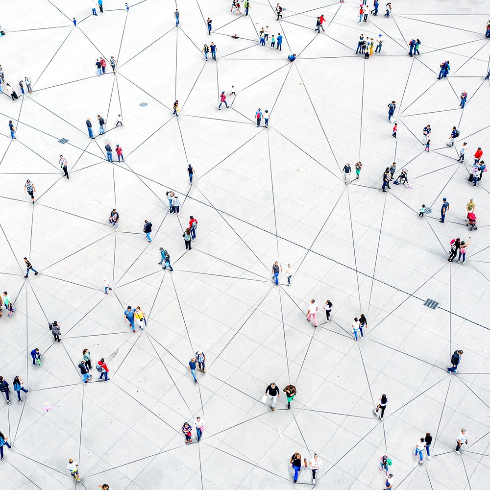 Animated aerial view of a large crowd connected by lines