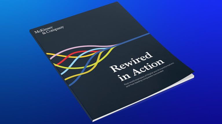 Rewired book logo - tangled yellow, red, purple, green, and blue wires meshing together into one solid blue line