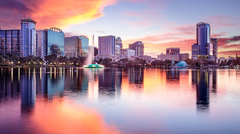 Sunrise view of Orlando skyline.