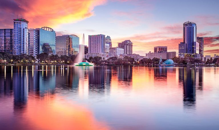 Sunrise view of Orlando skyline.