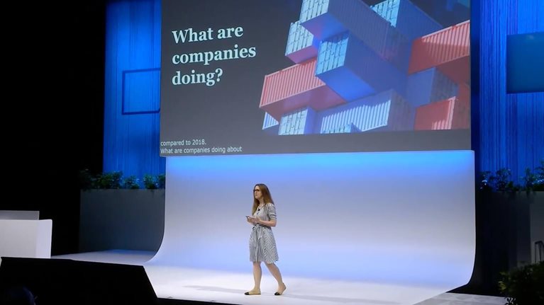 Liz Hempel on stage giving featured SAP Sapphire 2025 McKinsey session.