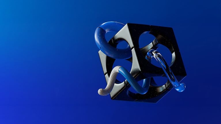 Floating cube with interlocking rope woven through