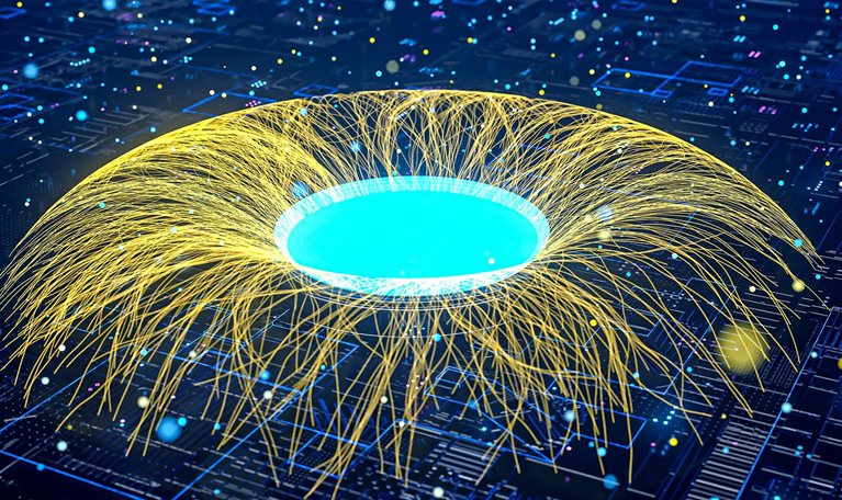 Abstract image of AI blossoming with light rays over a digital circuit board landscape.