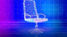 A digitized executive chair exists in a futuristic digital space, where everything is interconnected and illuminated by tiny specks of light.
