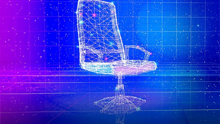 A digitized executive chair exists in a futuristic digital space, where everything is interconnected and illuminated by tiny specks of light.