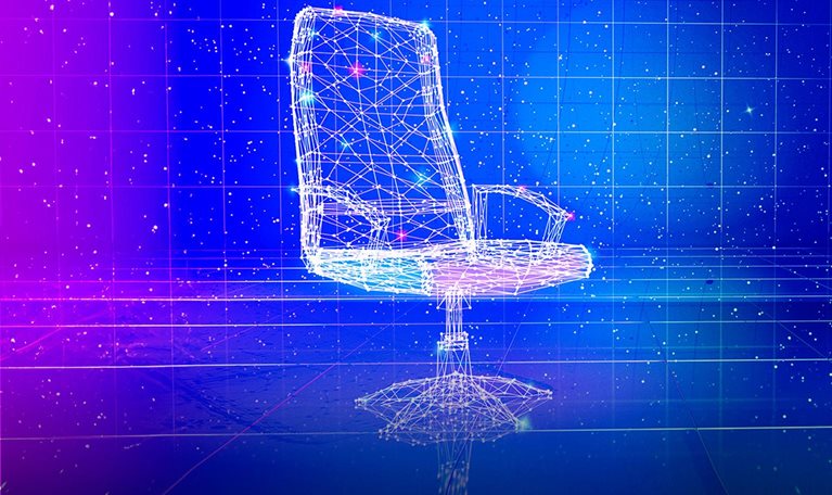 A digitized executive chair exists in a futuristic digital space, where everything is interconnected and illuminated by tiny specks of light.