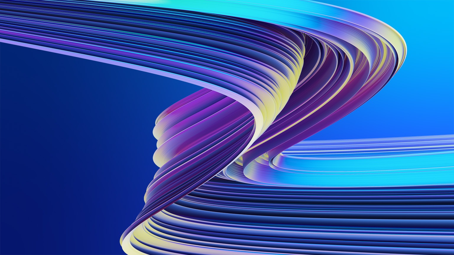 An abstract image of a broad multicolored 3D brush stroke curving overhead.