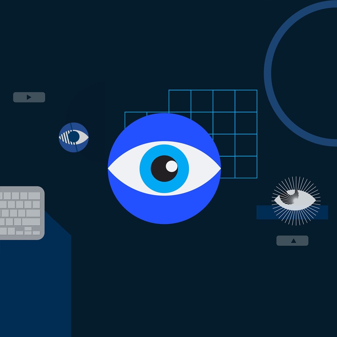 Abstract digital illustration featuring a large blinking eye in the center with geometric shapes, a keyboard and two smaller interpretive drawings of eyes around it