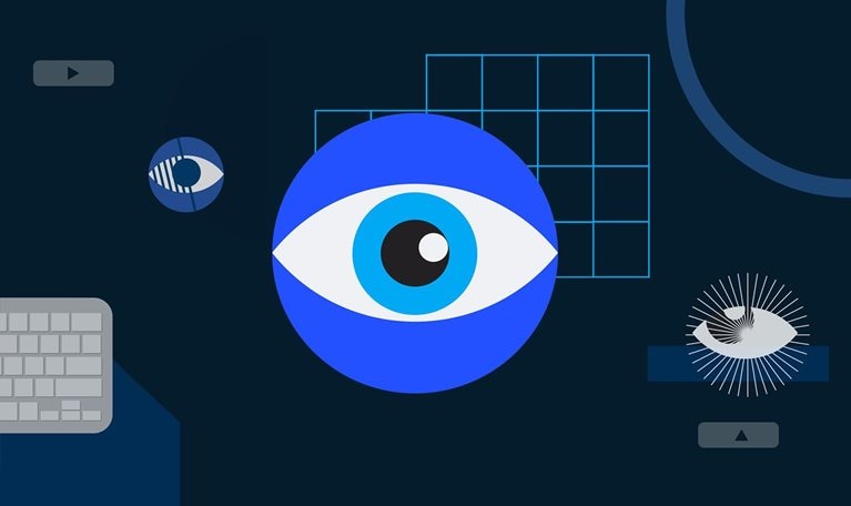 Abstract digital illustration featuring a large blinking eye in the center with geometric shapes, a keyboard and two smaller interpretive drawings of eyes around it