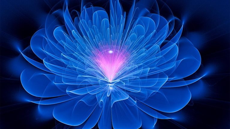 A digital image of a radiant blue fractal flower with a glowing pink center.