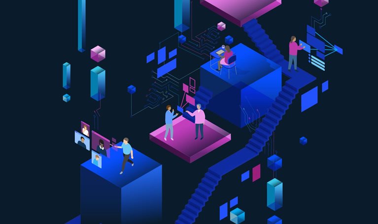 An isometric illustration of people within an organization working with data. They are utilizing various tools of artificial intelligence.
