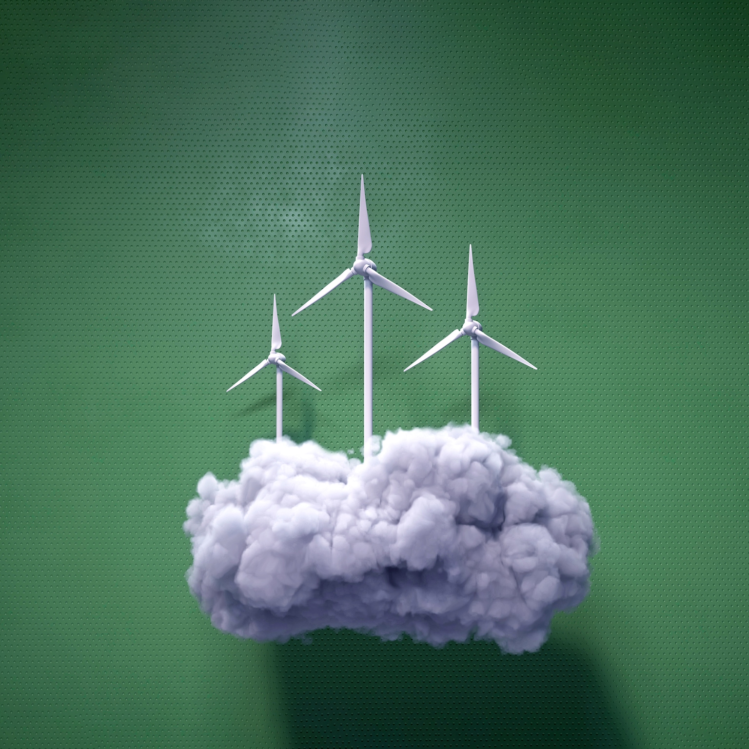 Digital generated image of multiple wind turbines on puffy cloud against green background. - stock photo