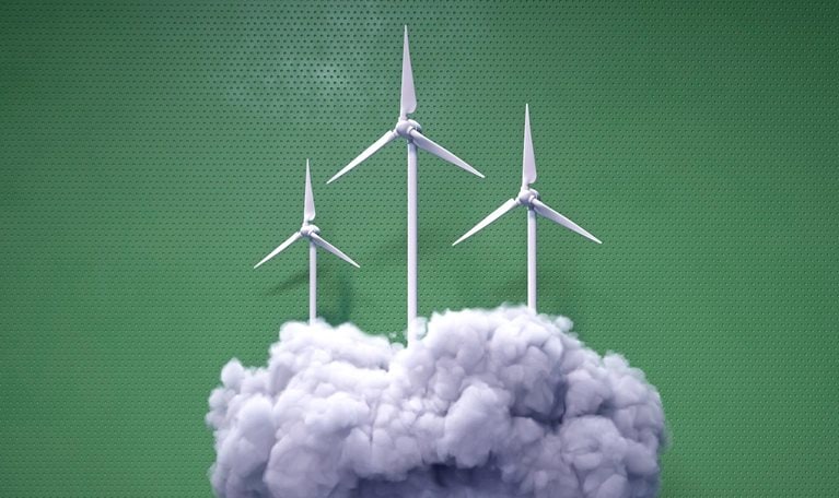 Digital generated image of multiple wind turbines on puffy cloud against green background. - stock photo