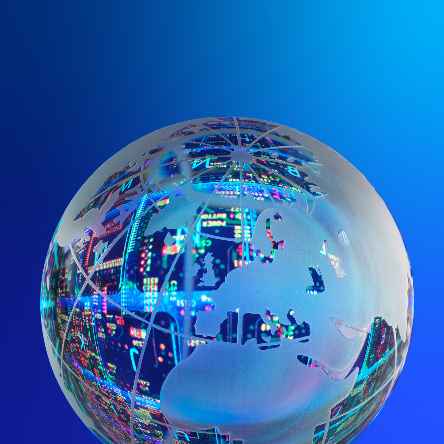 clear glass world globe with red and blue backlights