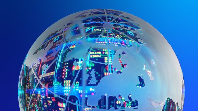 clear glass world globe with red and blue backlights