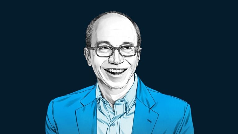 A hand-drawn illustration of Alan Murray, smiling and wearing glasses, a suit jacket, and a collared shirt. The drawing features precise lines and subtle shading, using black and white tones for his face and blues for his attire.