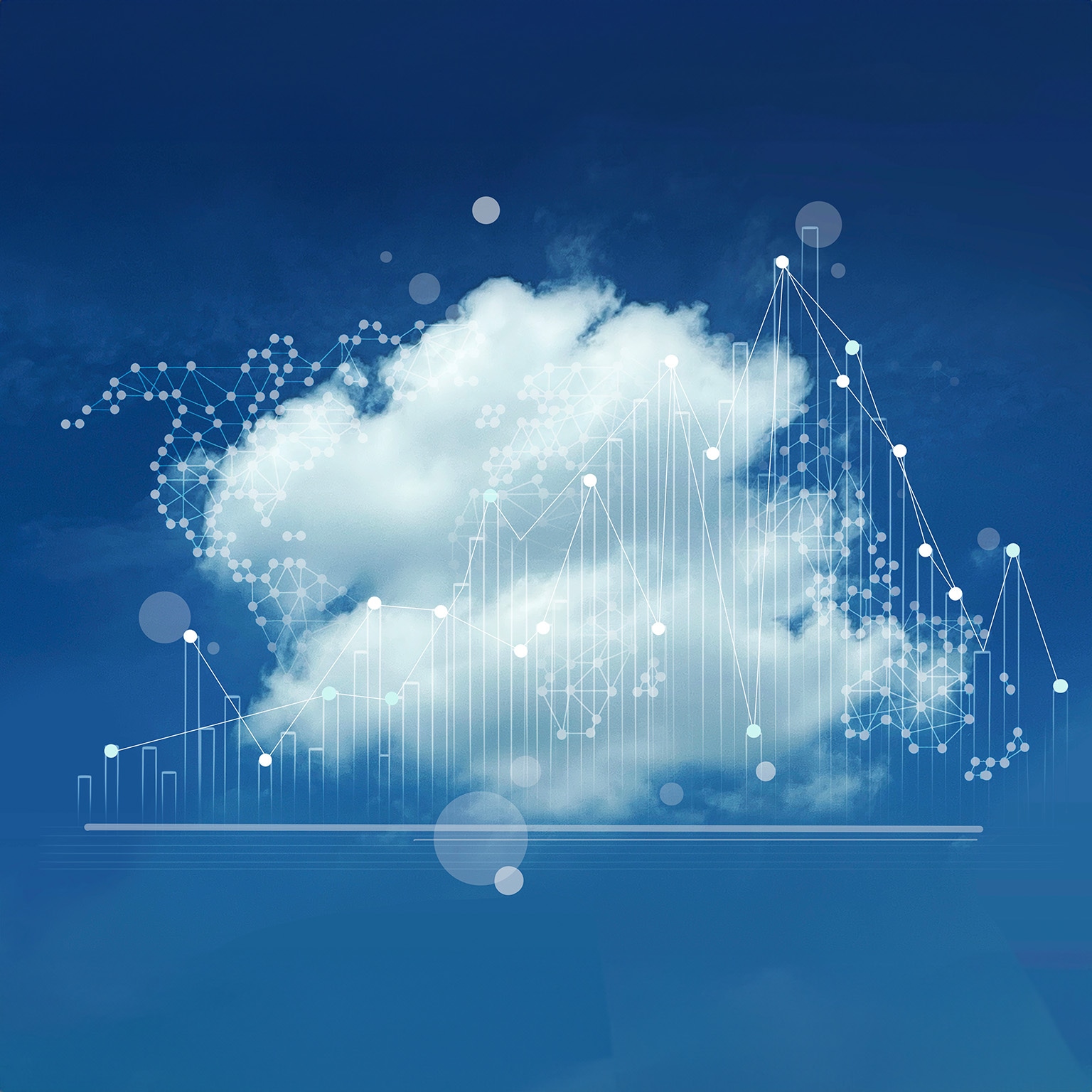 One big cloud with line charts overlay against a dark blue background. - stock photo