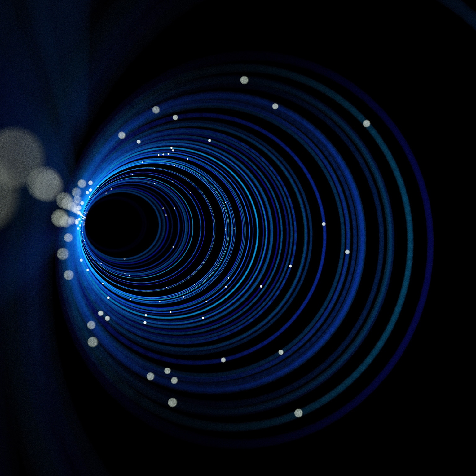 Computer neural network concept. Concentric circles, with lights twinkling in the background, stretching to infinity.