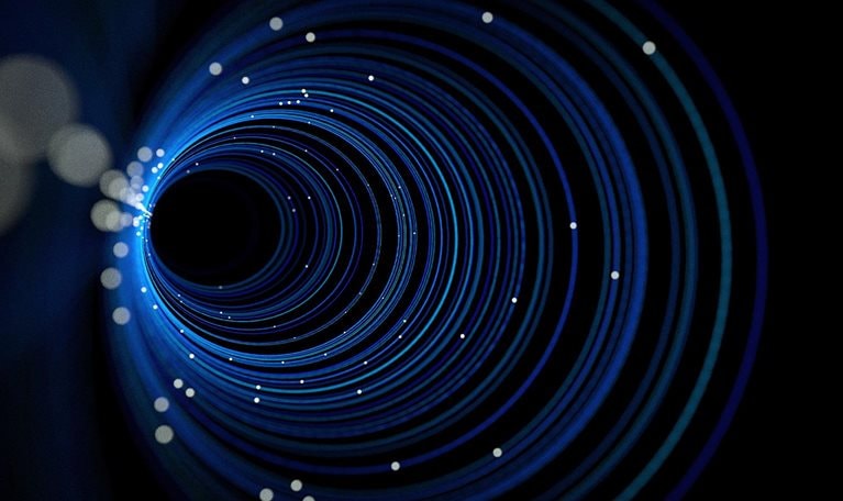 Computer neural network concept. Concentric circles, with lights twinkling in the background, stretching to infinity.