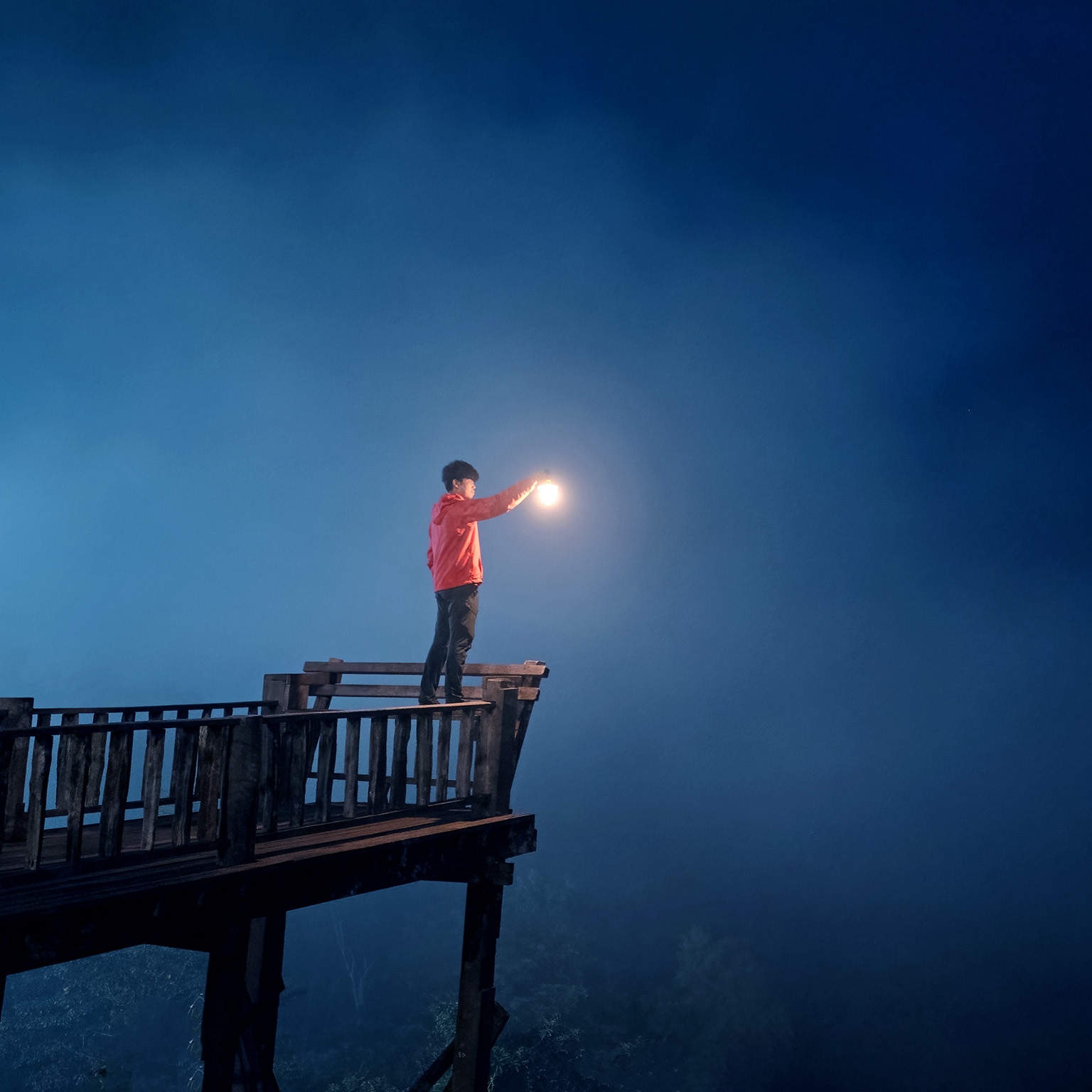 Image of a person holding up a lantern, peering into the misty darkness.