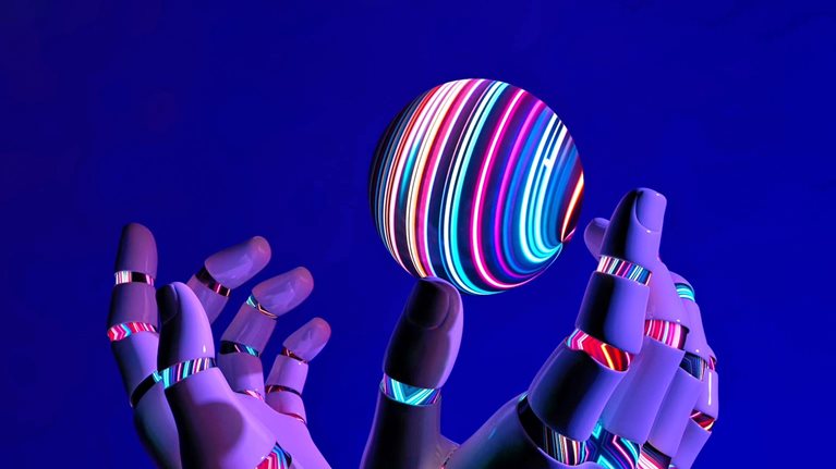 Two digital hands delicately cupped around a floating sphere with a moving pattern of glowing colors swirling around its surface.