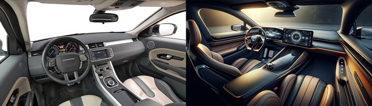 Side-by-side images of a traditional car interior and a generative AI rendering. The AI rending has futuristic lighting a polished interior and larger digital display screens.  