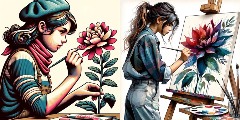 Two side-by-side illustrations of a girl painting a flower made by generative AI. The image on the left looks pretty at first glance, but upon inspection proves inconsistent with reality while the right image does not include these errors.  