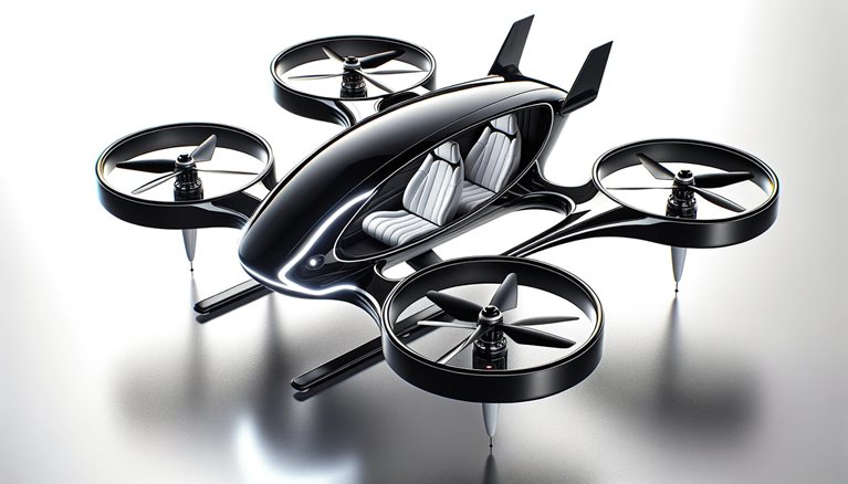 A generative AI rendering of a passenger drone with elements insufficient for safety and manufacturing.  