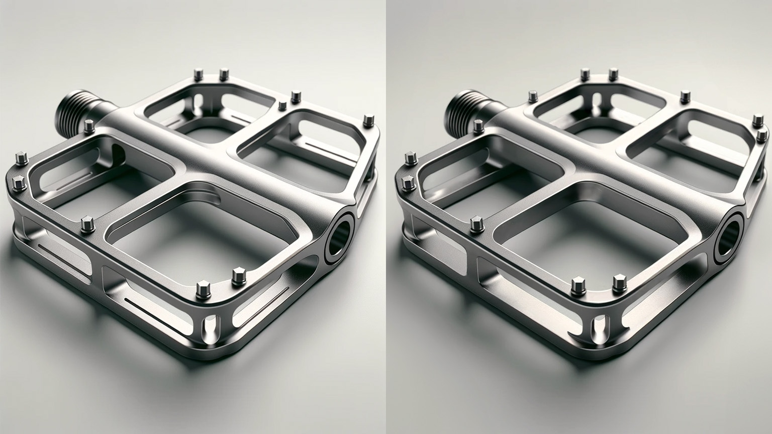 An image comparing the final raw output of a titanium bicycle pedal from generative AI following iterative prompting and the same image after it has been refined using image-editing software.  The raw image shows studs and structural supports inconsistently placed and grooves marked on inside surfaces. After refinement by the designer, the studs are uniformly positioned, the interior surfaces are smooth, and the structural supports are precisely aligned with the corners and center of the pedal for improved strength.