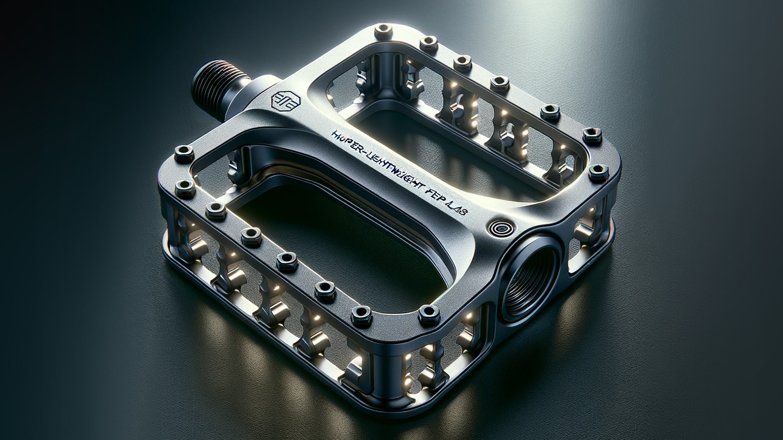 A generative AI rendering of a titanium bicycle pedal following an initial prompt by designer. The pedal displays numerous irregularities in the placement and number of studs, an uneven distribution and variety of structural supports connecting the top and bottom plates, and unintelligible text and logo.