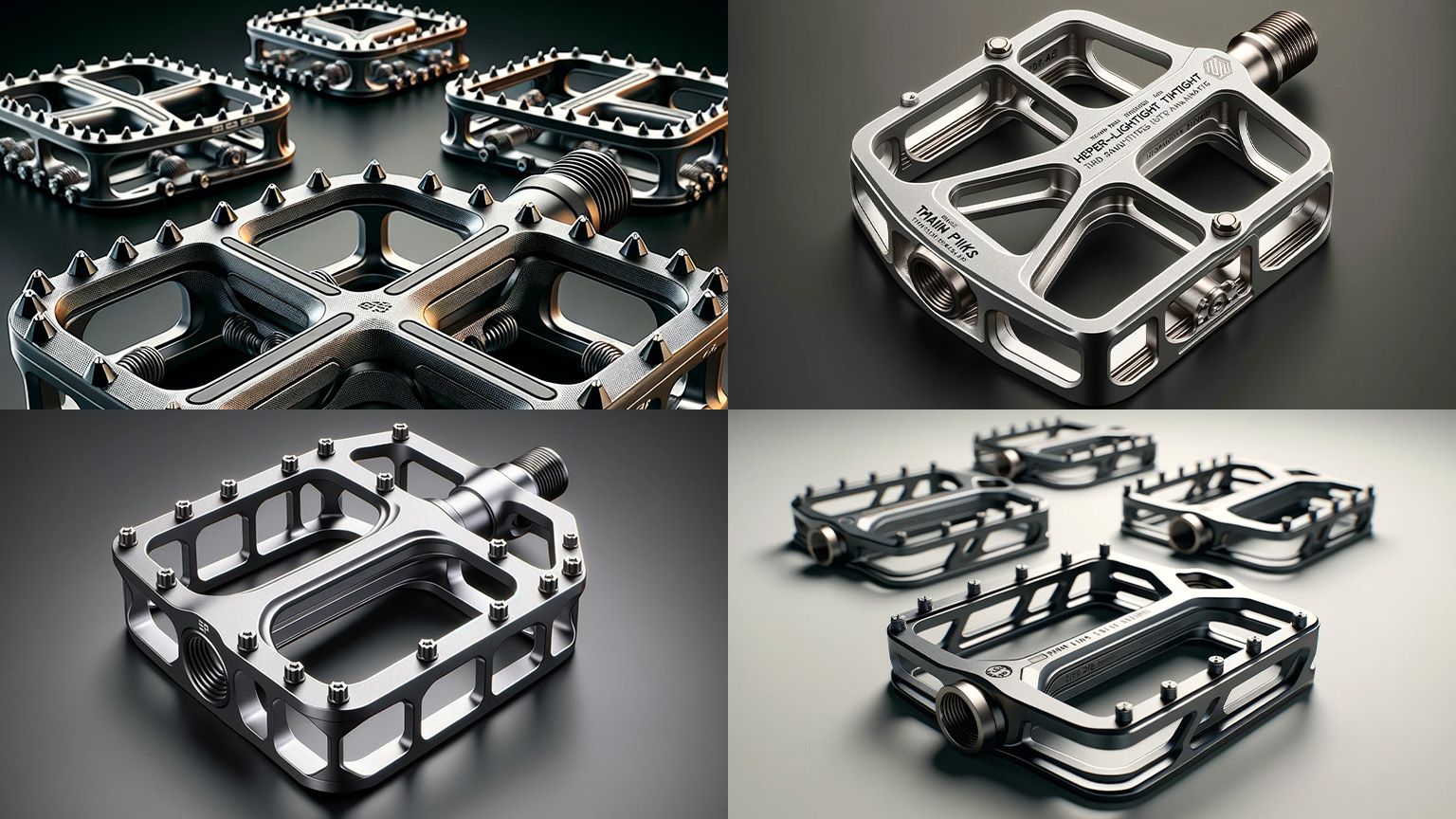 A series of four images depicting ten titanium bicycle pedals developed by iteratively prompting generative AI. The ten pedals display numerous design variations and flaws including inconsistencies in the size and shape of studs and the structural supports connecting the top and bottom plates, and, in one case, an axle housing that ends midway across the pedal.