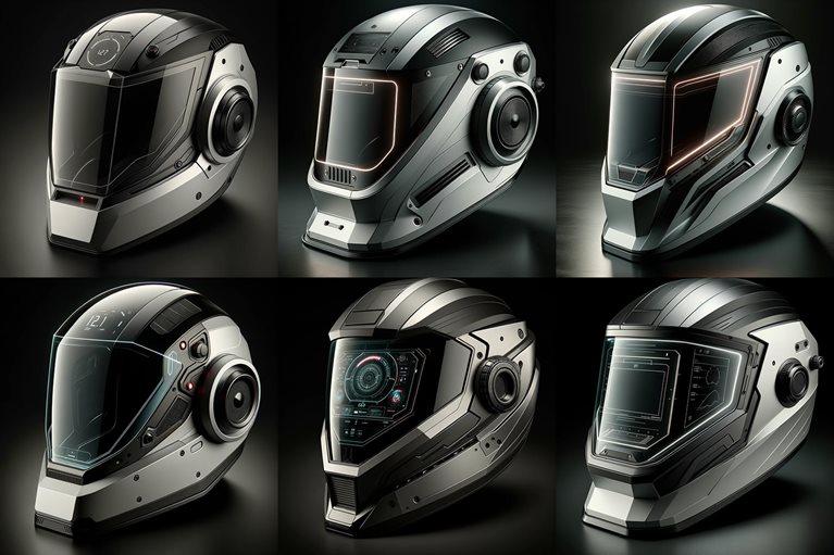 A comparison of six modern welding helmets rendered with generative AI. Each helmet shows a sleek, sporty aesthetic, with different design variations and transparent displays that enable welders to view key metrics and adjust light sensitivity as they work.