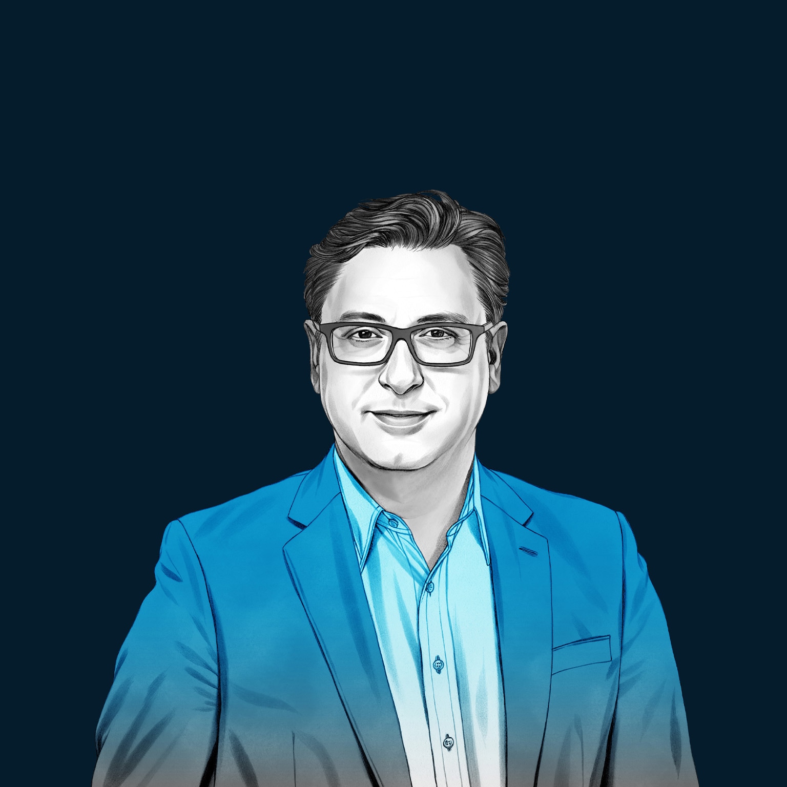 A hand-drawn illustration of Paul Hudson, smiling and wearing a button-down shirt and blazer. The drawing features precise lines and subtle shading, using black and white tones for her face and blues for her attire.