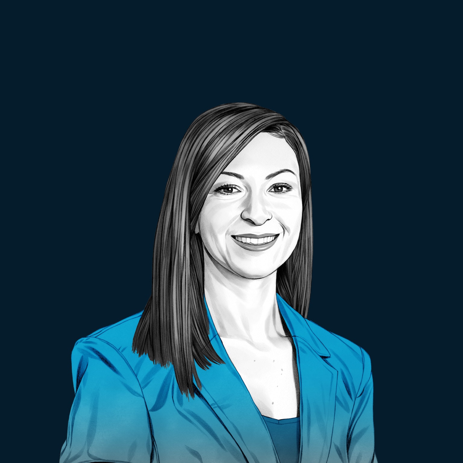 A hand-drawn illustration of Ruba Borno, smiling and wearing blazer. The drawing features precise lines and subtle shading, using black and white tones for her face and blues for her attire.