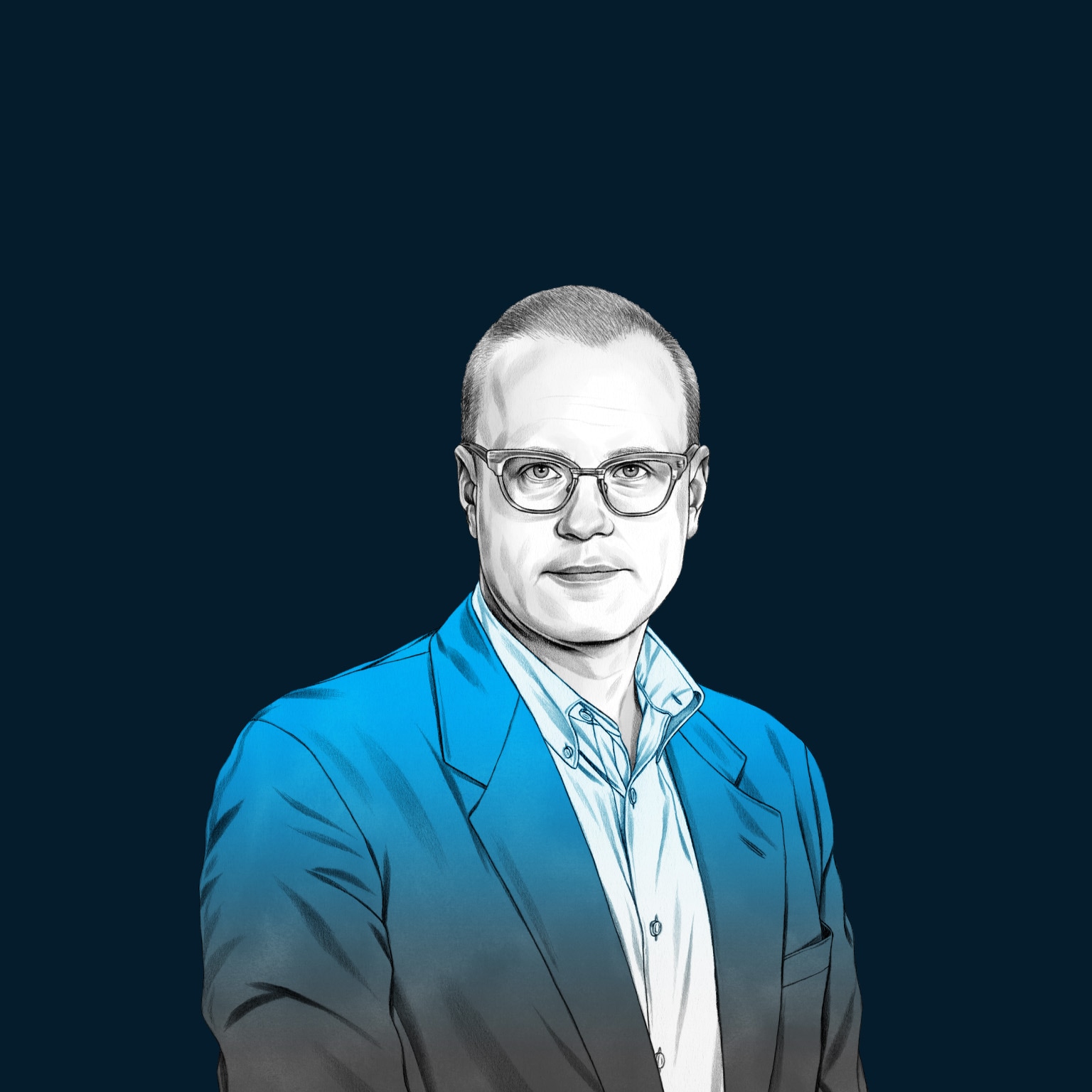 A hand-drawn illustration of Richard Ward, with neatly trimmed hair, a slight grin, and glasses, dressed in a suit jacket and collared shirt. The drawing features precise lines and subtle shading, using black and white tones for his face and blues for his attire.