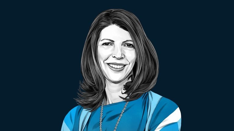 Lisa Callahan is depicted in a hand-drawn illustration, sporting a smile, shoulder-length hair, and a striped cardigan. The drawing features precise lines and subtle shading, using black and white tones for her face and blues for her attire.