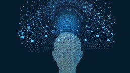 Abstract silhouette of human surrounded by artificial intelligence in network space made up of dots on blue background