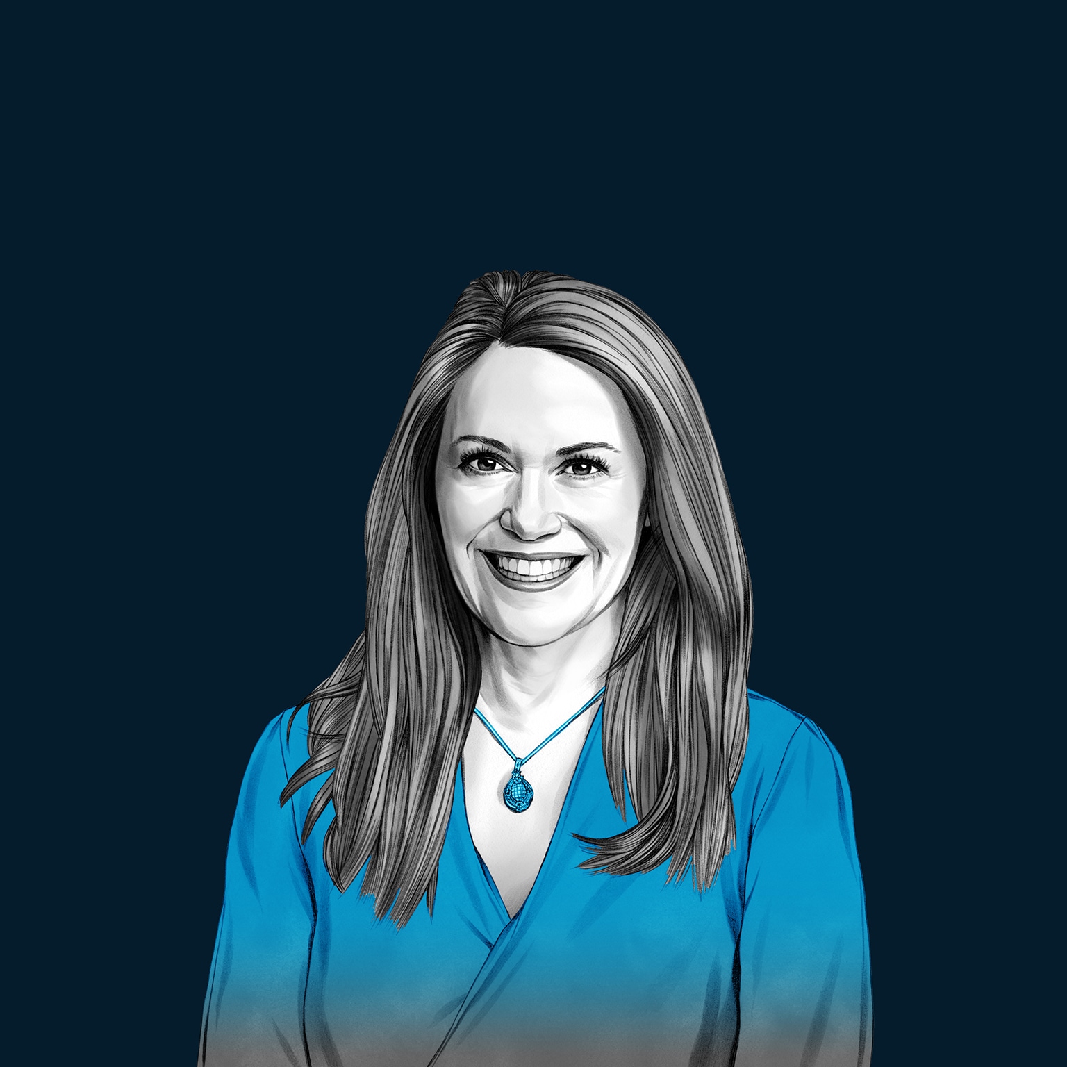 A hand-drawn illustration of Peggy Johnson with long hair, pendant necklace, and smiling warmly. The drawing features precise lines and subtle shading, using black and white tones for her face and blues for her attire.