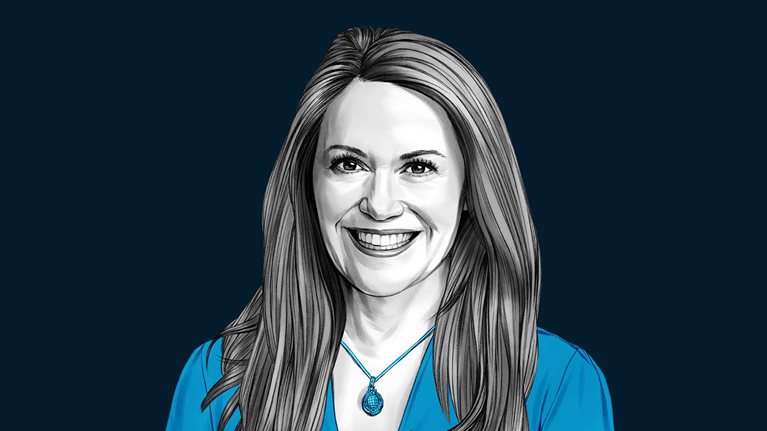 A hand-drawn illustration of Peggy Johnson with long hair, pendant necklace, and smiling warmly. The drawing features precise lines and subtle shading, using black and white tones for her face and blues for her attire.