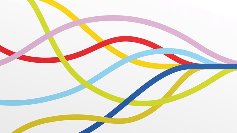 Multiple differently colored lines merging into single line ahead. - stock illustration