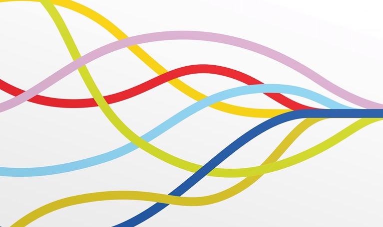 Multiple differently colored lines merging into single line ahead. - stock illustration